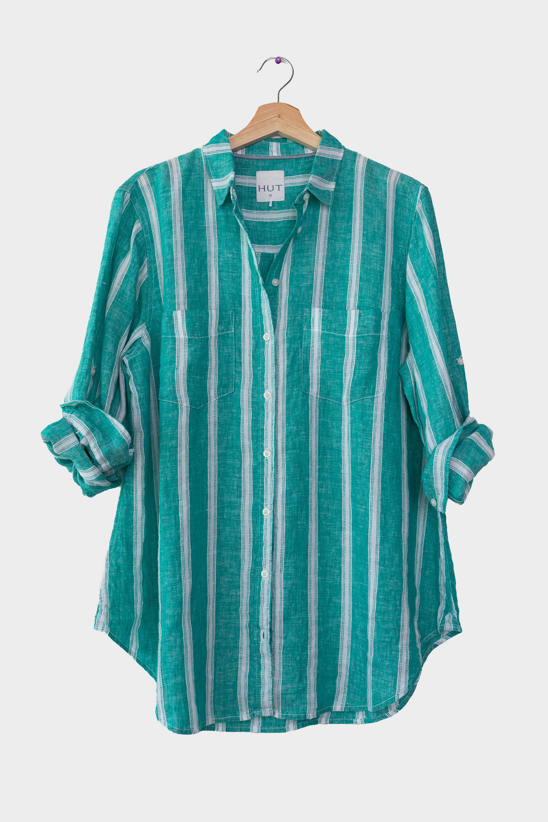 Jade Ticking Stripe Boyfriend Linen Shirt