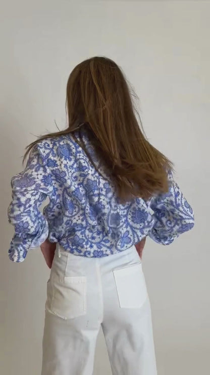 Blue Lace print Boyfriend Shirt