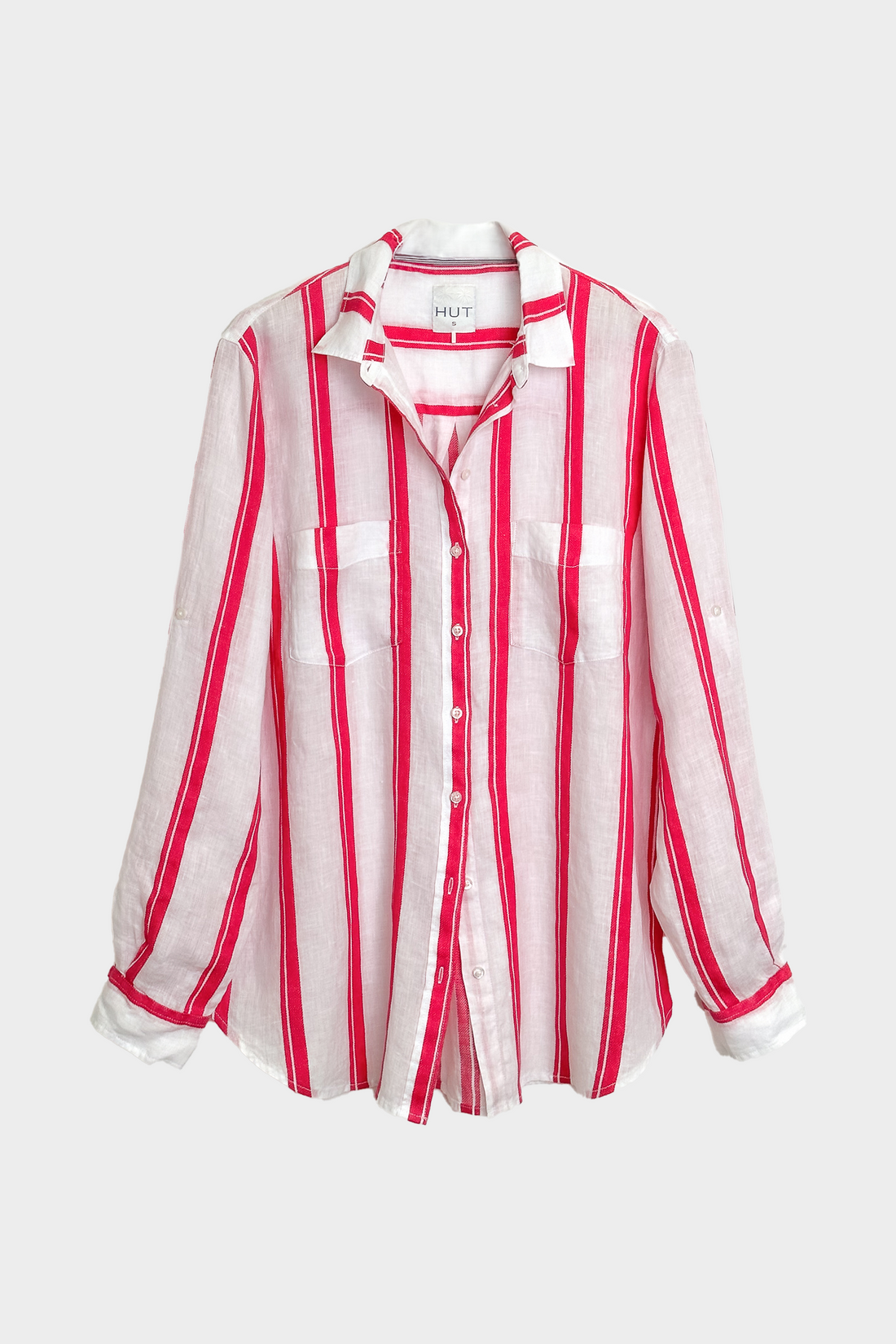 Raspberry Raised Stripe Boyfriend Linen Shirt